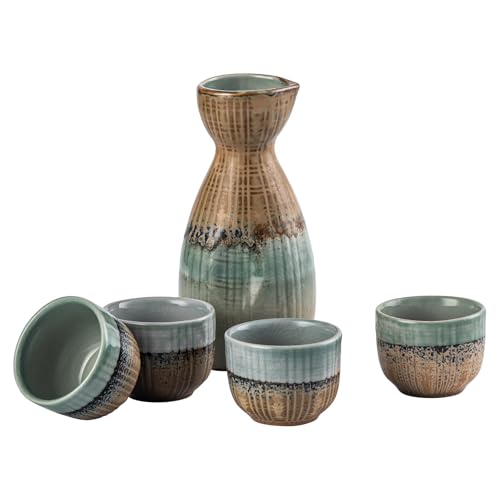 UNICASA Light Brown Japanese Sake Set of 5 - Ceramic Cups & 210ml Sake Bottle