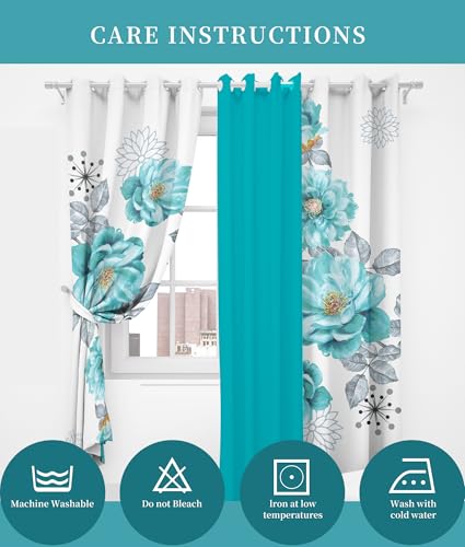 Teal Floral Curtain Set with Grommets - 6 Pcs (2 Print + 4 Solid, 38"x84")