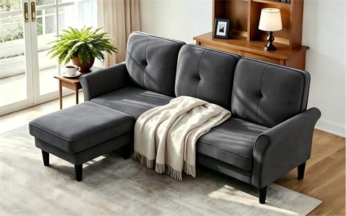 83-Inch Velvet L-Shaped Sectional Sofa with Ottoman for Small Living Rooms