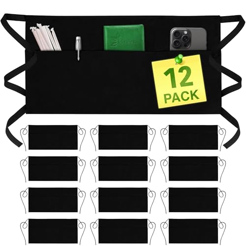 12-Pack Black Waist Aprons with 3 Pockets - Durable Server Half Apron