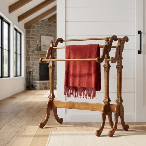 Wooden Blanket Stand with Trestle Base, Vintage Oak Finish Quilt Rack