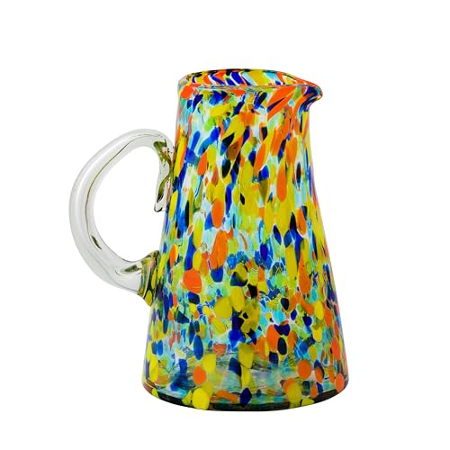 Handblown Mexican Glass Pitcher with Carnaval Color Pattern - Eco-Friendly Recycled Glass