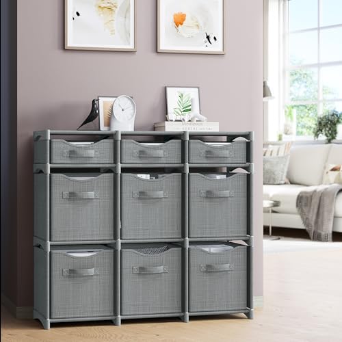 9-Cube Storage Organizer with Bins Grey Closet Toy Storage Shelf