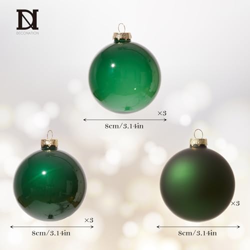 DN DECONATION Green Glass Christmas Ornament Set with 3 Effects, 9 Pieces