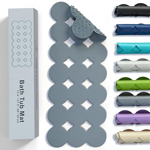 Extra Long Non-Slip Rubber Bath Mat, 15.4" x 37.8" with Strong Suction Cups