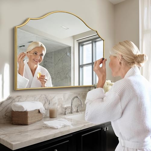 40x29 Inch Gold Scalloped Wall Mirror, Large Arched Decorative Mirror