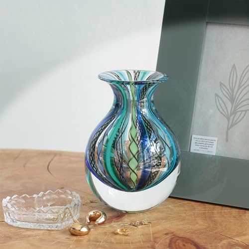 Cá d'Oro Murano Style Blue Hand Blown Glass Vase - Boho Decor Accent