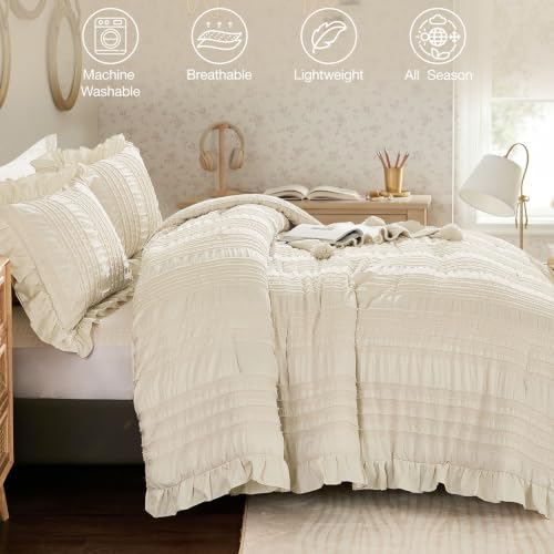 Boho Beige Seersucker Queen Comforter Set with Ruffles