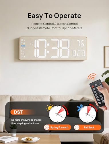 16-Inch Large Digital Wall Clock with Remote, Fabric Texture & Night Light