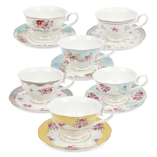 Fanquare Colorful Floral Porcelain Coffee Cup Set with Saucers - Yellow & Blue, 6-Piece Tea Set for Women