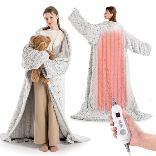 Wearable Heated Blanket with Sleeves and Foot Pockets, Faux Fur & Sherpa