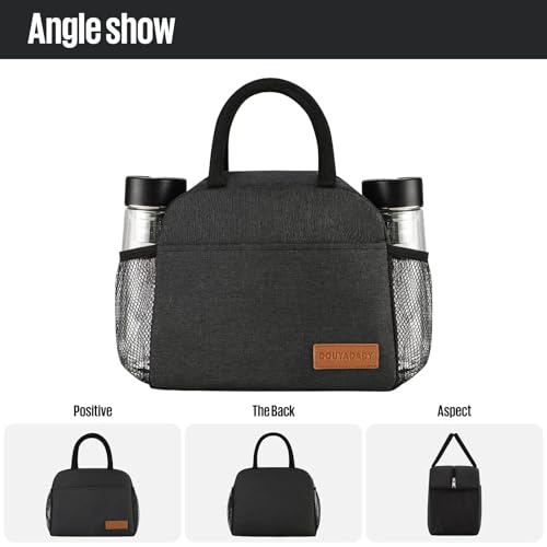 Insulated Lunch Bag Tote with Front Pocket & Bottle Holder for Work & School