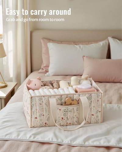 Floral Diaper Caddy Organizer Quilted Nursery Storage Basket Beige