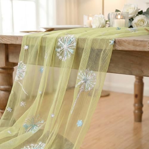 Artoid Mode 28x120 Inch Sequin Dandelion Yellow Gauze Table Runner – 10ft