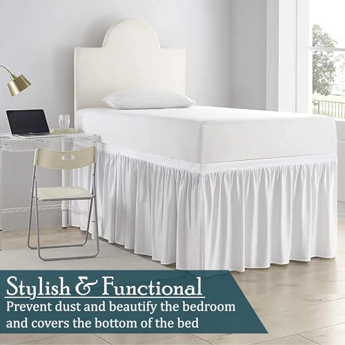 Twin XL Dorm Bed Skirt - 32 Inch Drop White Microfiber Ruffled Bedskirt