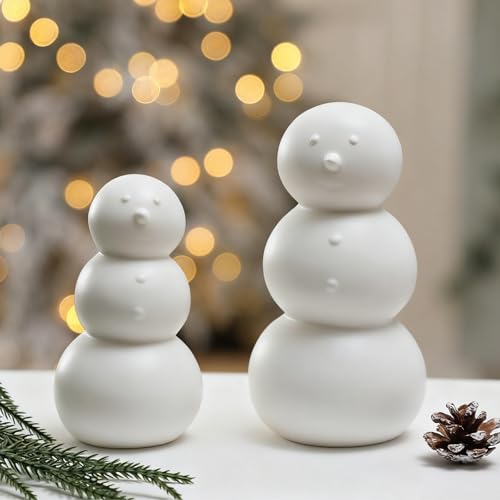 Yalikop 2 Pack White Ceramic Snowman Figurines Christmas Decor Set