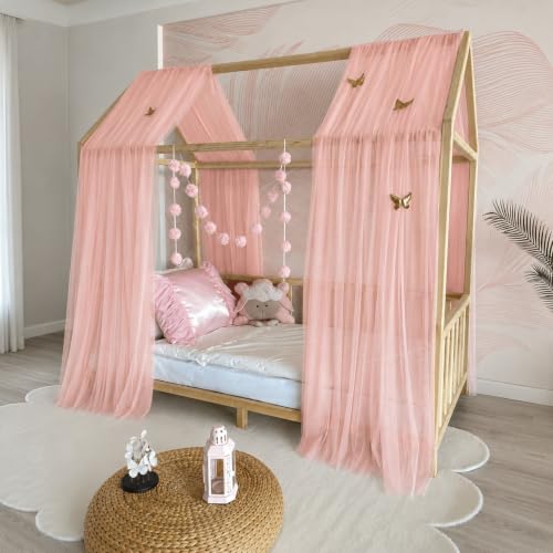 Pink Kids Bed Canopy Tulle Panels for House Beds with 4 Bow Tiebacks