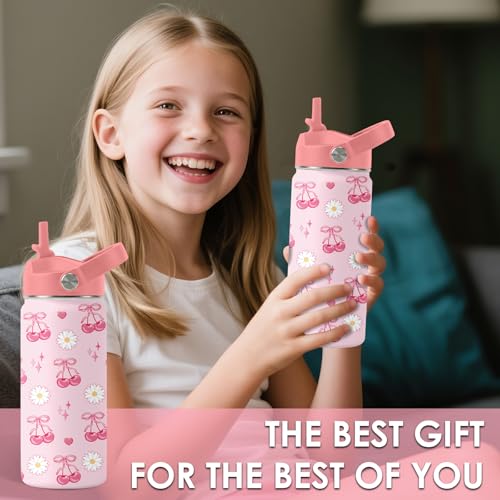 Insulated Stainless Steel Kids Water Bottle with Straw 16oz Cherry Design