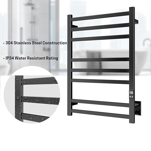 8-Bar Wall-Mounted Heated Towel Rack, Matte Black Stainless Steel