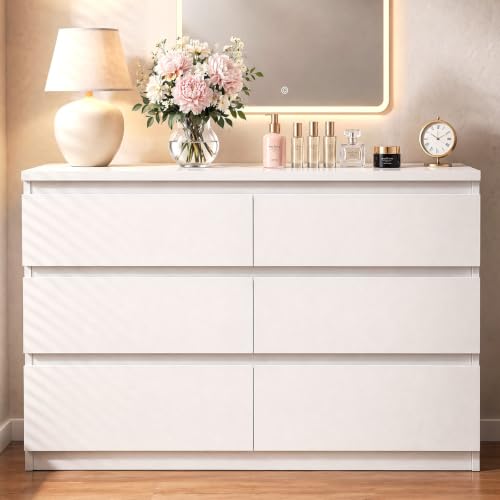 Modern 6-Drawer Double Dresser for Bedroom, White Wood Storage Chest