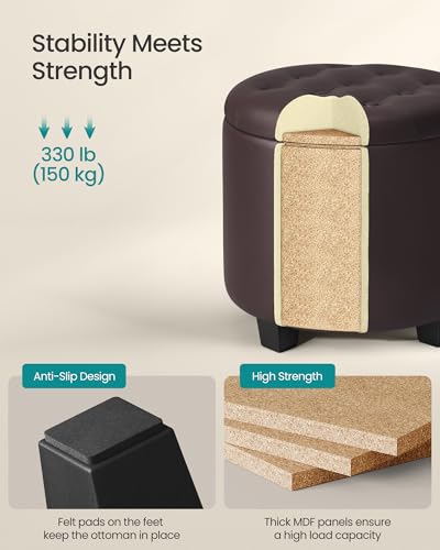 18-Inch Round Storage Ottoman - Tufted Synthetic Leather Footstool
