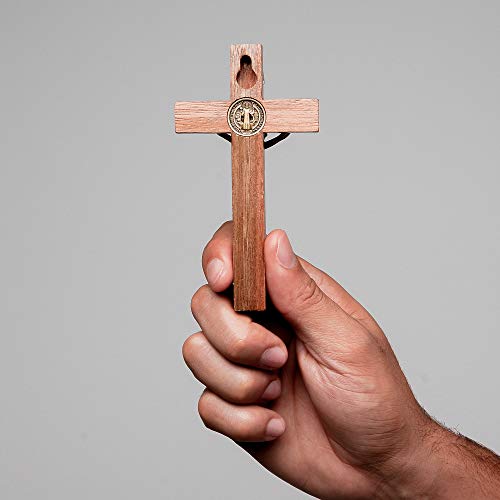 5-Inch Solid Walnut Wood Crucifix with Saint Benedict Medal - Antique Gold