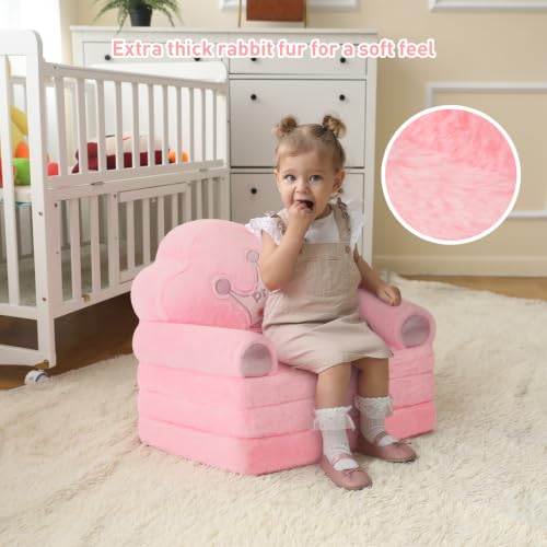 Foldable Toddler Sofa Chair, Soft Rabbit Fur Crown Kids Couch - Pink