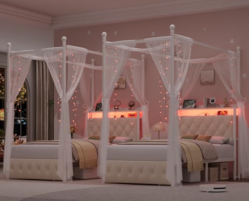 Twin Canopy Bed Frame with LED Lights, Storage Headboard & Charging Station