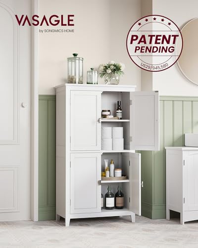 Freestanding Bathroom Floor Storage Cabinet with 4 Doors, Adjustable Shelves