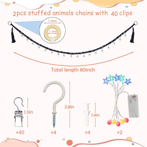 2-Pack Stuffed Animal Storage Chain with 40 Metal Clips, 80-Inch Boho Wall Organizer