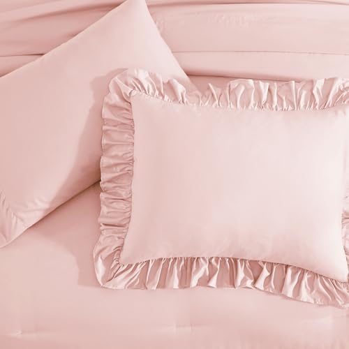Queen Ruffle Comforter Set - Soft Pink 7-Piece Bedding Set