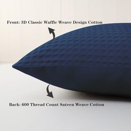 Waffle Weave Cotton Pillow Shams Set of 2, Standard 20x26, Navy Blue