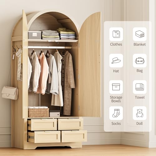 Arched Wood Wardrobe Closet with Rattan Doors and 4 Drawers