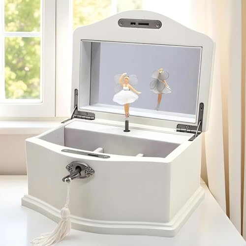 White Wooden Musical Jewelry Box with Spinning Ballerina and Mirror
