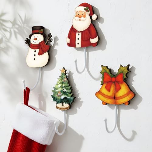 Yookeer 4-Piece Christmas Wall Hooks Stocking Holders – Santa, Snowman, Tree & Bell