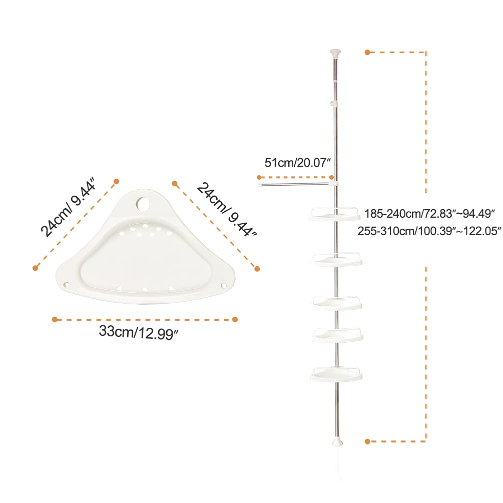 BAOYOUNI 5-Tier Shower Corner Caddy Tension Pole Rod Bathroom Shelf Organizer Adjustable Storage Rack Stand Shampoo Soap Holder with Towel Bar, Ivory