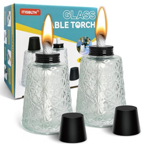 2-Pack Glass Tabletop Citronella Torches with Wicks & Snuffers for Patio