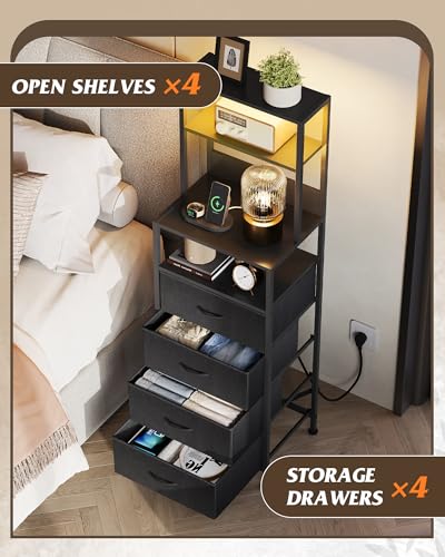 Tall Nightstand with Charging Station, LED Light and 4 Fabric Drawers