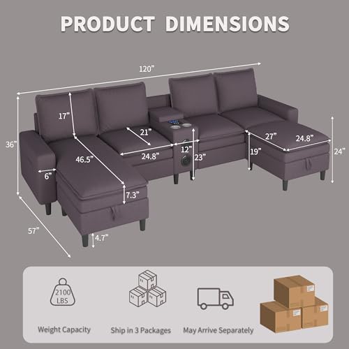 120" Sectional Sofa with Bluetooth Speaker, Wireless Charging & Storage