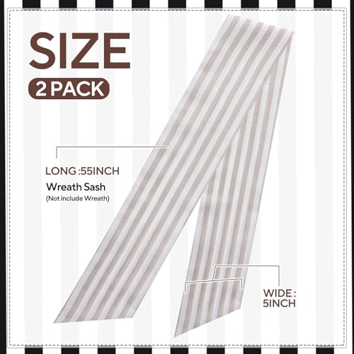 2 Pack Beige and White Stripe Wreath Sash for Front Door Porch Decor