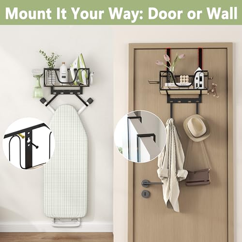 Ironing Board Hanger with Iron Basket - Wall-Mount & Over-the-Door Rack