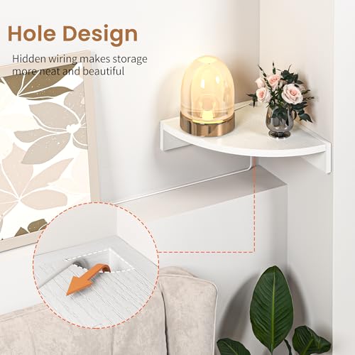 3-Pack Floating Corner Wall Shelves with Cable Management - White Wood