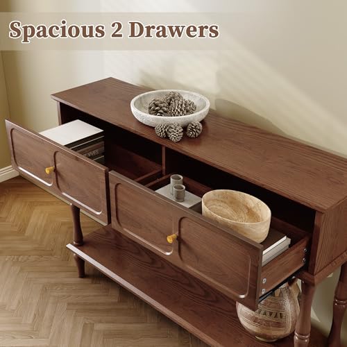 47-Inch Mid-Century Console Table with 2 Drawers and Open Shelf, Brown