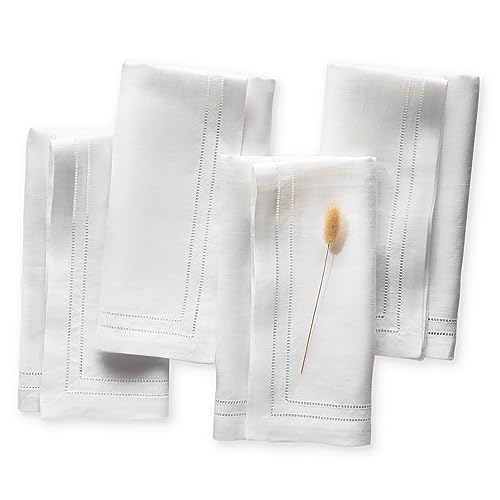 20 x 20 Inch White Linen Napkins Set of 4 Double Hemstitch - O'lucio Authentique Home