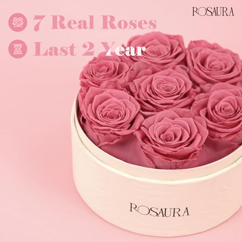 Preserved Roses Gift Box, 7 Real Pink Eternal Roses in Round Case