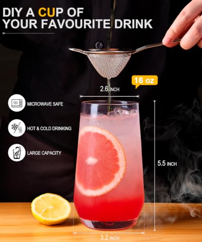 16oz Drinking Glasses Set of 8 - Lead-Free Crystal Tall Water Glassware, Durable & Stackable