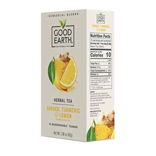 Good Earth Sensorial Blend Flavored Herbal Tea Ginger, Turmeric and Lemon, No Artificial Color, No Preservatives, 15 Bag (Pack of 5)