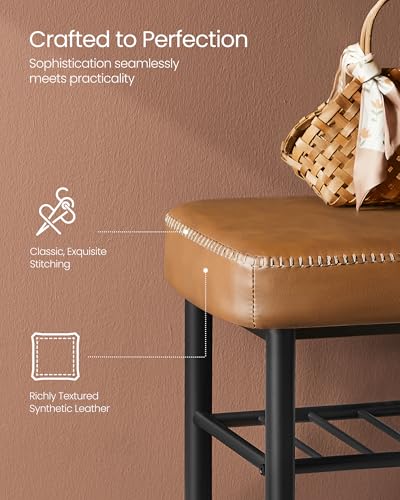 Mid-Century Modern Shoe Rack Bench, Upholstered Entryway Storage Bench, Caramel