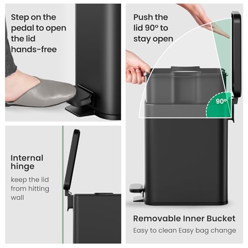 Small Bathroom Trash Can with Lid, 2.6 Gallon Stainless Steel Step Garbage