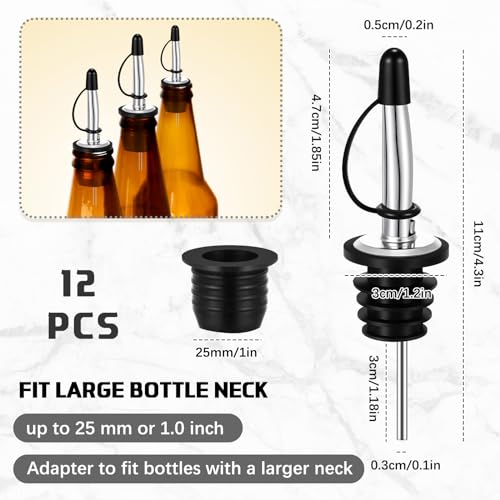 12 Pack Liquor Pour Spouts with Large Neck Bottle Adapters - Stainless Steel & Silicone